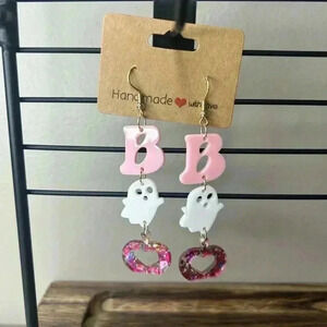 5/$35 Adorable BOO Ghost White Pink Halloween‎ Lightweight Dangly Earrings NEW